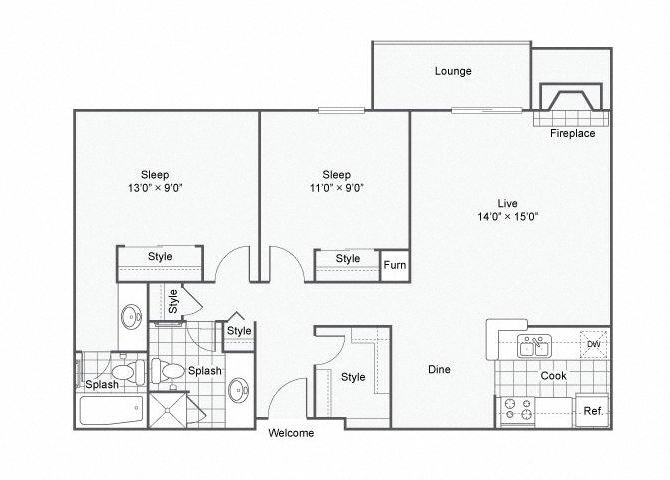 Floor plan for 2 beds, 1.5 baths, 940 sqft